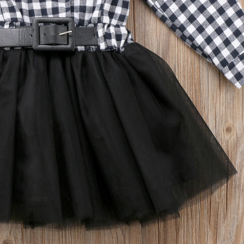 Модное повседневное милое Хлопковое платье-пачка с длинными рукавами и отложным воротником для новорожденных девочек, черно-белое платье-пачка с поясом в клетку для детей 2-7 лет