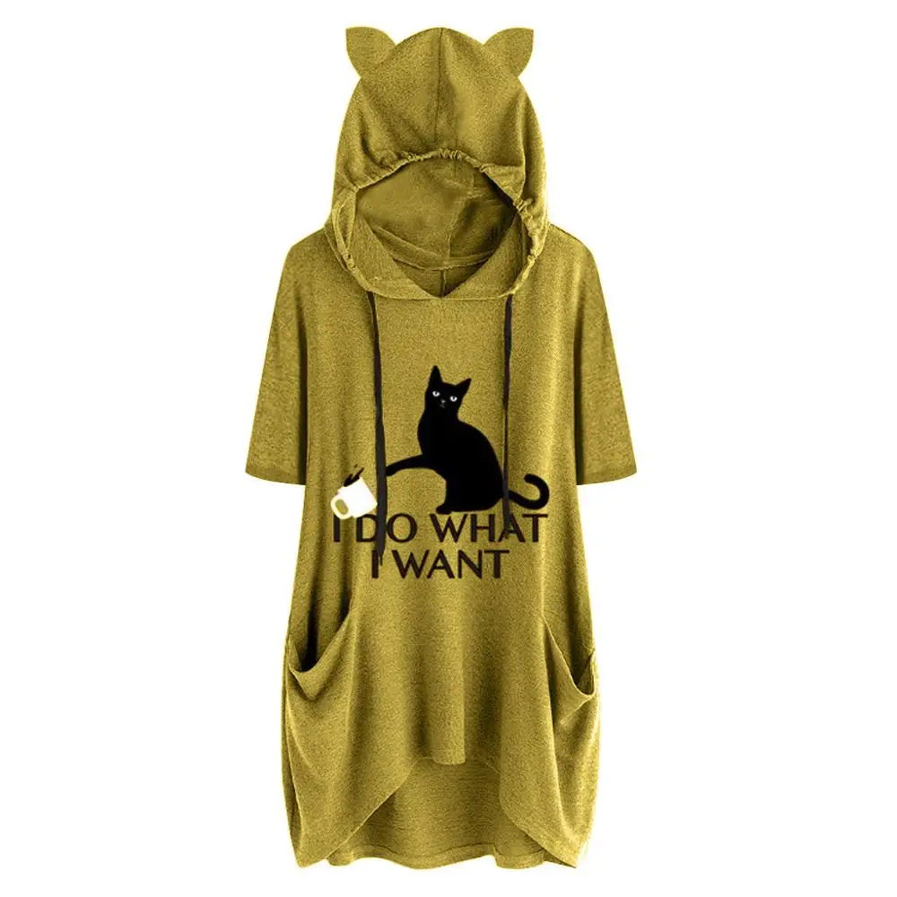 

Women Casual Print Cat Ear Hooded Shirts Womens Letter Tops Short Sleeves Pocket Irregular Top Plus Size Blouse blusas CD