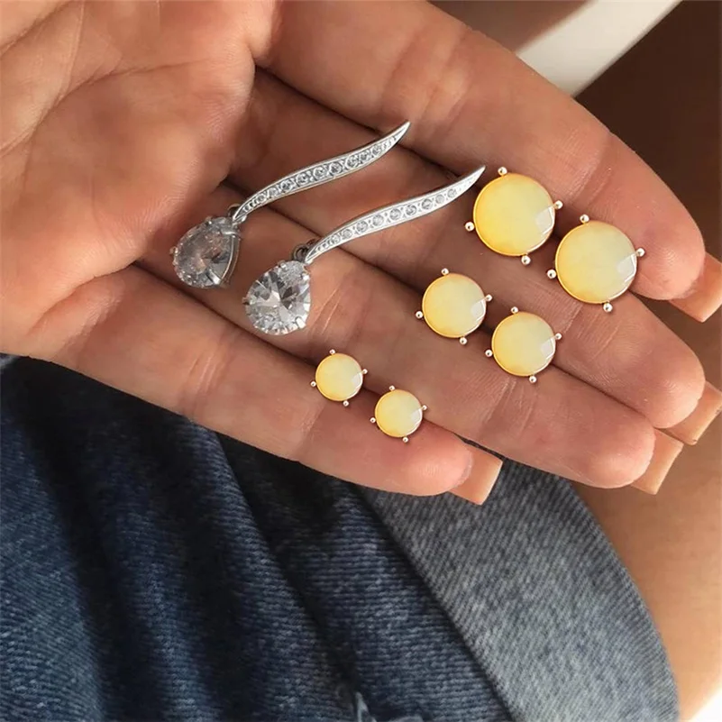 

4 Pairs / Set Simple Inlaid Crystal Gem Water Drop Round Leaves Geometric Stud Silver Earring Set Women Charm Party Jewelry