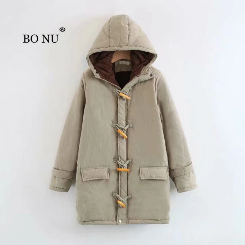 

BONU Long Winter Coat For Women Hooded Horn buckle Warm Jacket Women Thick Large Size Parka Coat women's windbreaker Coat