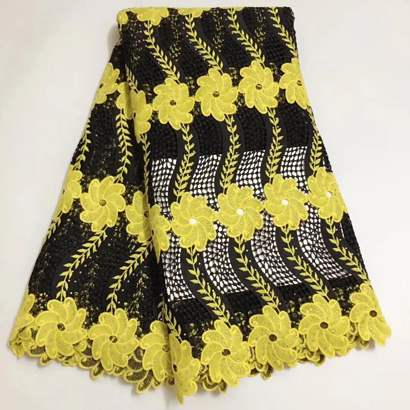

(5yards/pc) heavy African big cord lae yellow and black guipure lace fabric with lots of stones for high quality dress FLE004
