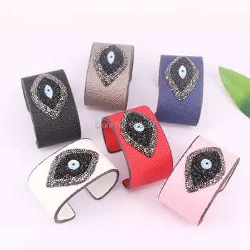 

5Pcs Fashion Style Women Leather Bangle Mixed Color,Pave Crystal Rhinestone Charms Cuff Bangle