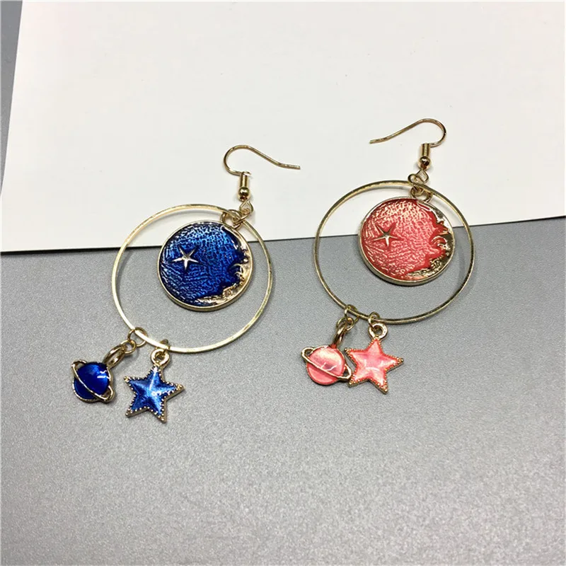 5 Pcs Lady Enamel Blue Moon Stars Cartoon Stud Earrings Universe Asymmetric Gift