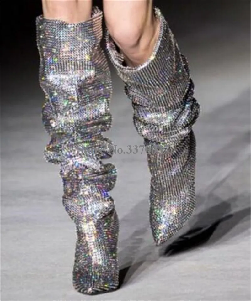 Newest Bling Bling Pointed Toe Rhinestone Thin Heel Over Knee Boots Ladies Shining Crystal High Heel Boots Wedding Club Shoes