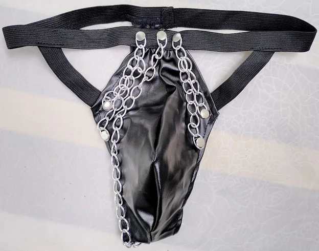 Sexy Me's Faux Leather Penis Pouch With Front Chain G-String Thong Fetish Underwear Erotic Show Night Club Lingerie Panties