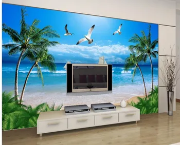 

custom 3d wallpaper Seaside tree beach boat seagull background wall mural 3d wallpaper photo wall murals wallpaper