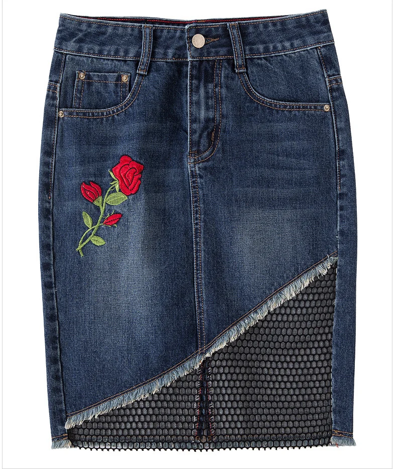 rose embroidered splicing denim skirt 2017 autumn fishing net package hip skirts large size needlework female skirts GL1050 (10)