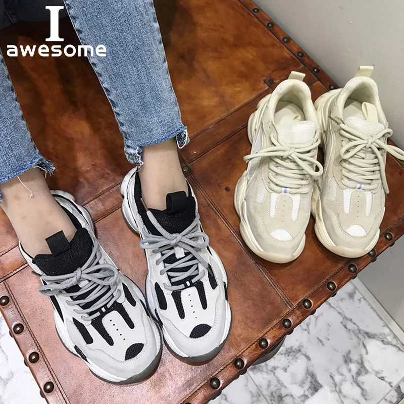 Chunky blanc Semelles Femme Confortable Décontracté Chaussure Cuir Rétro Sneakers Chaussures En Sale Semelle De Épaisse Papa À Véritable Compensées Femmes Beige yvbgIfY76m
