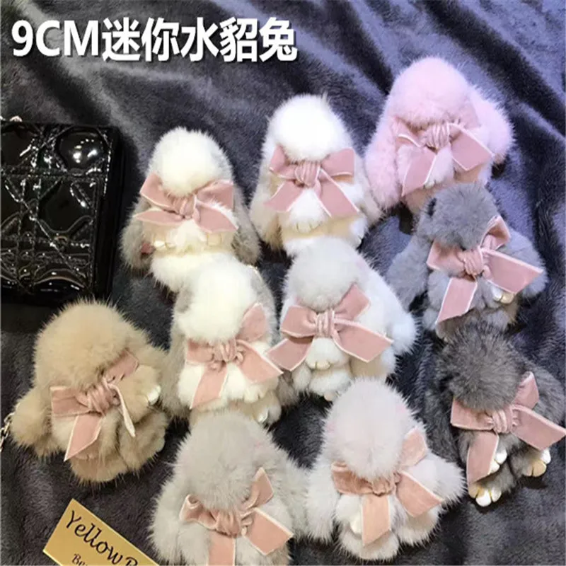 

2017 mini fur rabbits girl keychains real mink bunny keychain fur key chains bags bunnies Trinket pompon fur hare phone penda