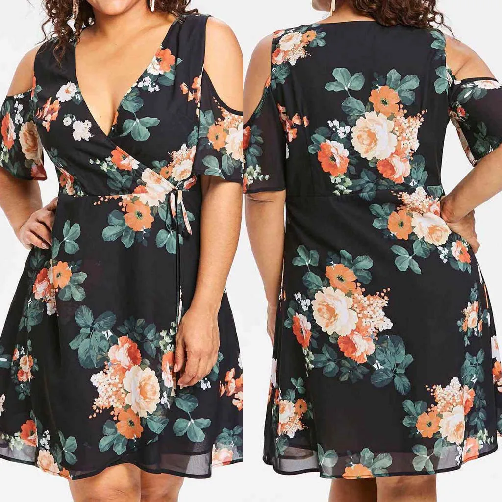 

Female Cold Should Floral Print Short Sleeve Dress Plus Size Fashion casual large size off-shoulder dress robe grande taille