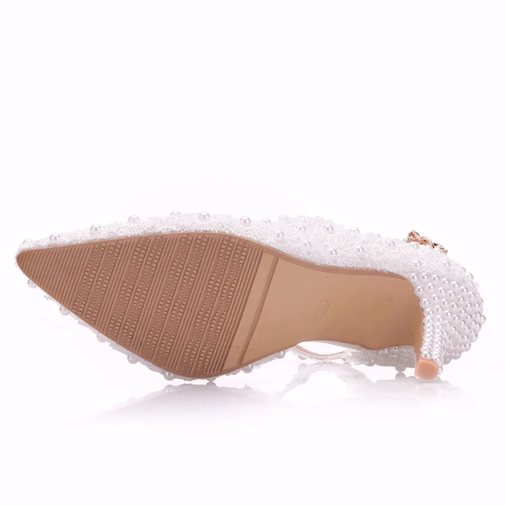 Белые свадебные туфли с цветочным кружевом и кристаллами; свадебные туфли с острым носком без застежки; женские туфли-лодочки на высоком каблуке; острый носок; каблук 8 см