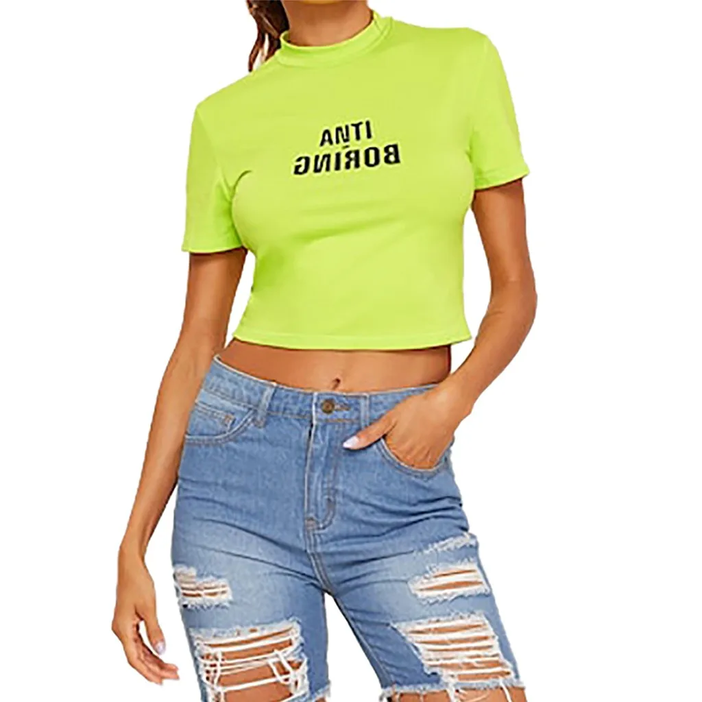 

T Shirt Women Fashion Short Sleeve O-Neck Summer Tees Tops Letter Print Neon Lime Tee Women Tshirt camisetas verano mujer