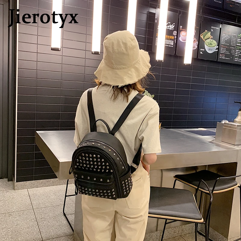 JIEROTYX New Arrival Preppy Leisure Backpack Womens Casual Daypacks Women Soild Zipper Rivet Shoulder Bags Soild Hot Sale