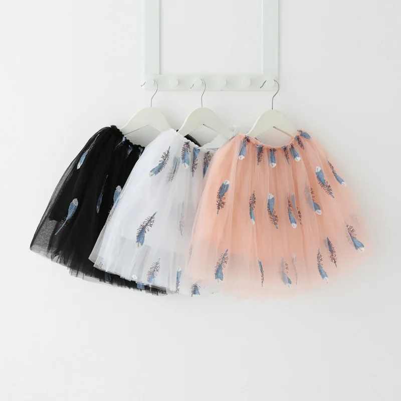 

3-9Y High Quality Girls Skirts Embroidery Feather Jupe Fille Beautiful Fluffy Skirts for Girls Soft 3 Layers Kids Skirt Princess