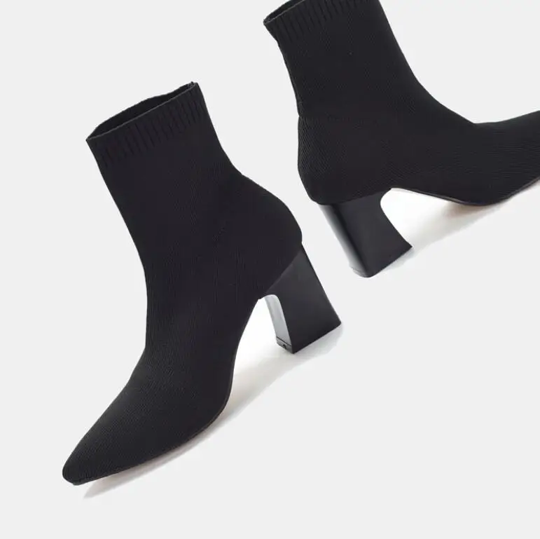 Г., новые модные ботильоны женская Демисезонная обувь на высоком каблуке с острым носком эластичная Тканевая обувь женская обувь, aa0099