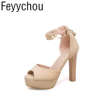 

Women Sandals Super High Heel Shoes Flock Peep Toe Buckle Zip Platform 2018 Summer Sexy Fashion Casual Party Dress Black Yellow