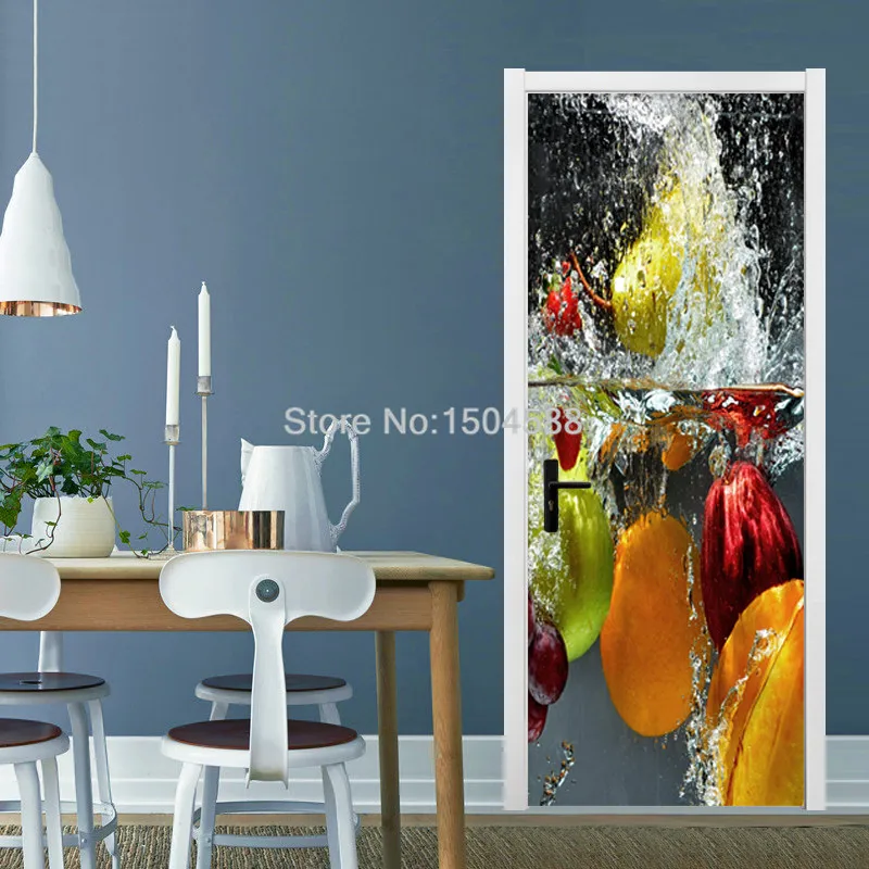 PVC Self-Adhesive Door Sticker 3D Stereo Fruit Wallpaper Kitchen Restaurant Waterproof Wall Door Sticker 3D Murals Home Poster