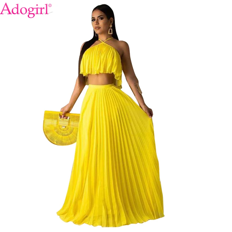 

Adogirl Solid Yellow Chiffon Summer Pleated Dress Halter Crop Top Maxi Party Dresses 2019 New Summer Beach Dress Casual Vestidos