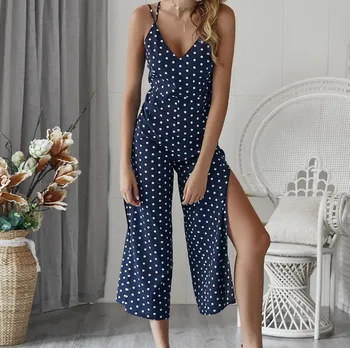 

Women Spot Pattern V-neck Sling Playsuits Loose Casual Bodysuit Jumpsuit