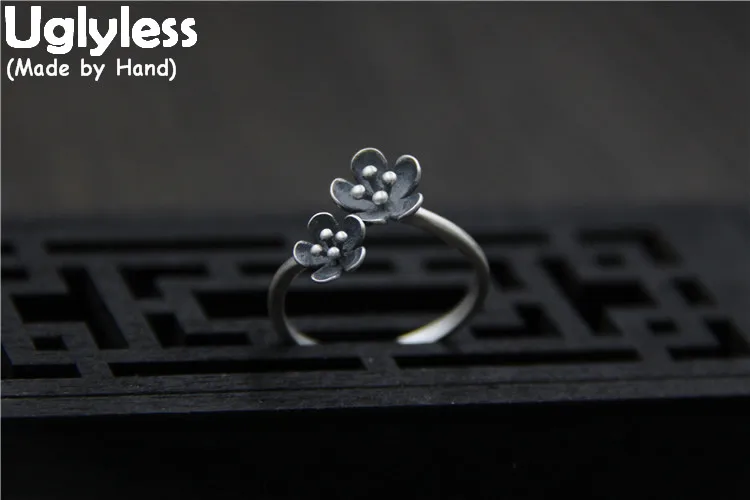 

Uglyless Real S925 Sterling Silver Bijoux Handmade Carved Double Flowers Finger Rings for Women Romantic Ethnic Floral Open Ring
