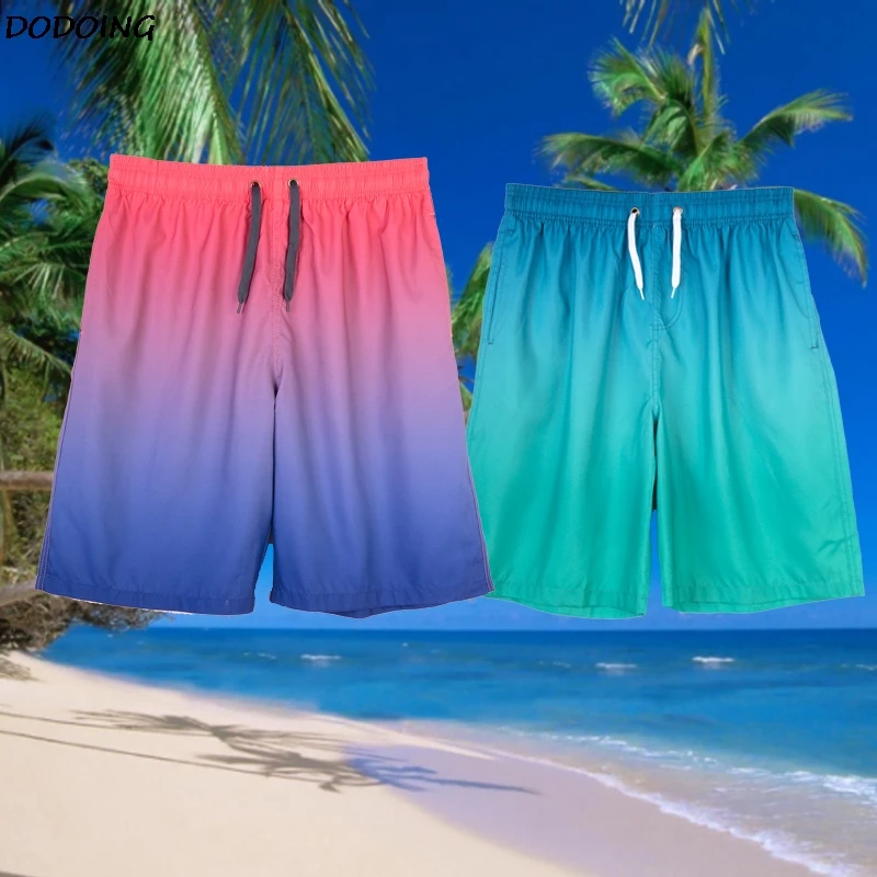 DODOING Men Summmer Gradient Tow Colors Beach Shorts Quick Dry Pants Polyester Plus Size L-3XL Green and Red with Pocket