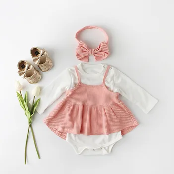 

2018 New Girls Romper 3pcs Romper+Headband+Dress Autumn Kids Girls Jumpsuits