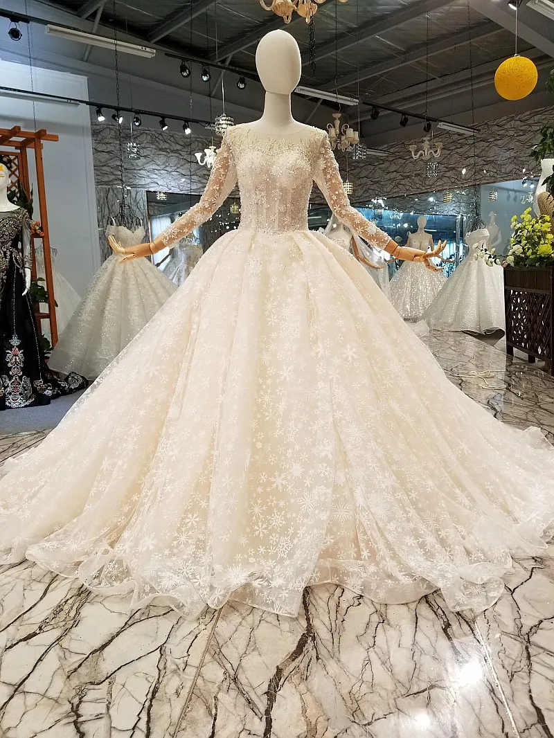 AXJFU Роскошные Принцесса О образным вырезом Иллюзия Свадебное Платье Винтаж снег кружево с длинным рукавом свадебное платье 100% настоящая