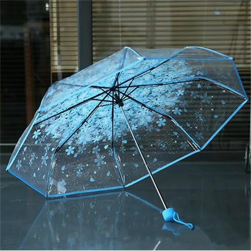 4 Color Women's Rain Umbrella Transparent Clear Cherry Blossom Mushroom Apollo Sakura Printed Three-folding Umbrella AU10#F (3)