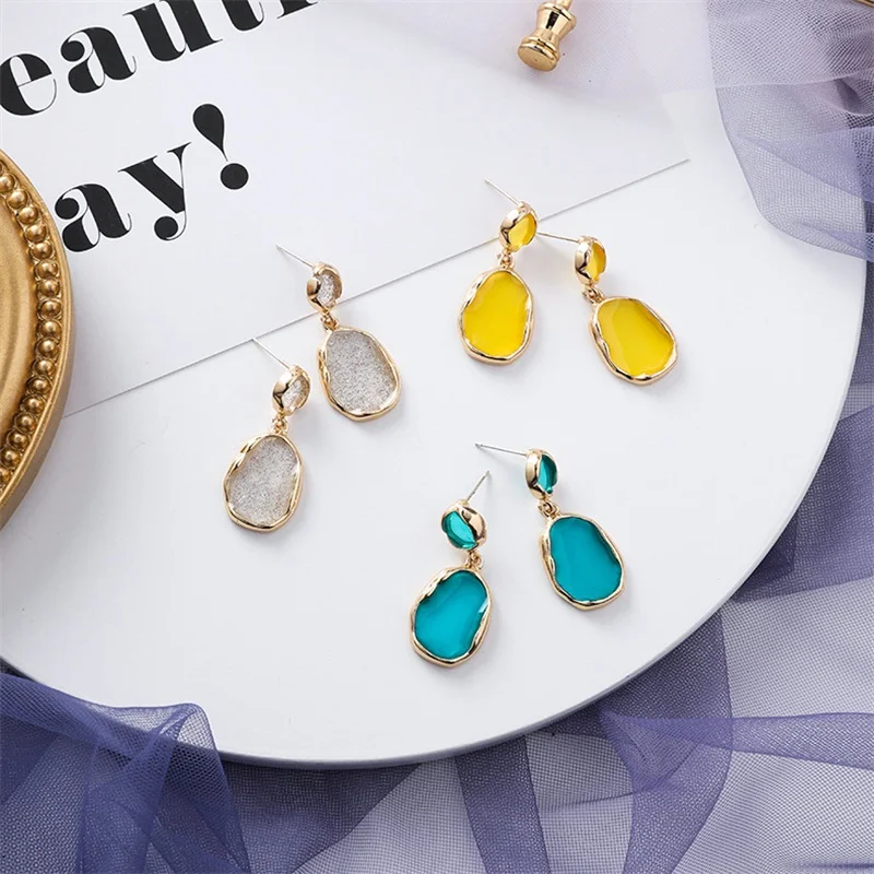 Korea Trends Geometry Acrylic Pendant Earrings Color Metal Long Women Summer Simple Joker Jewelry Accessories | Украшения и