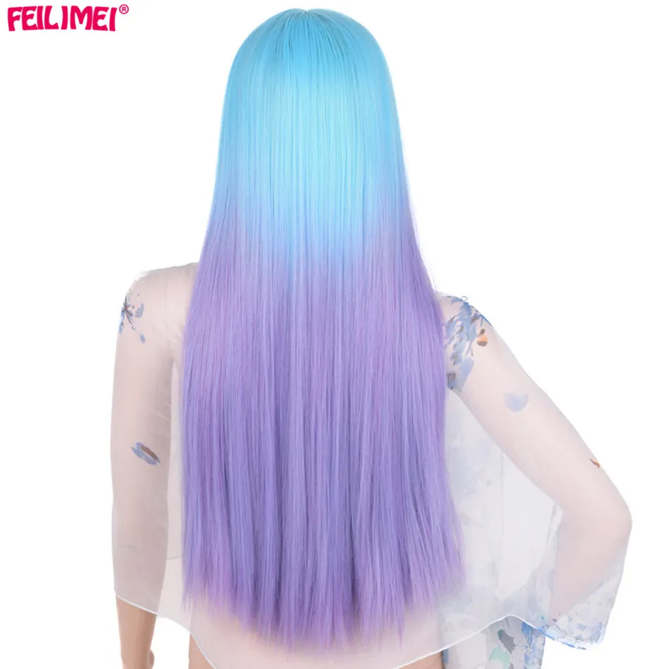 Koop Feilimei Middendeel Ombre Lange Rechte Pruik Synthetische 60 cm 280g Volledige Hoofd Zwart Grijs Blauw Paars Bruin Coloured Cosplay Pruiken