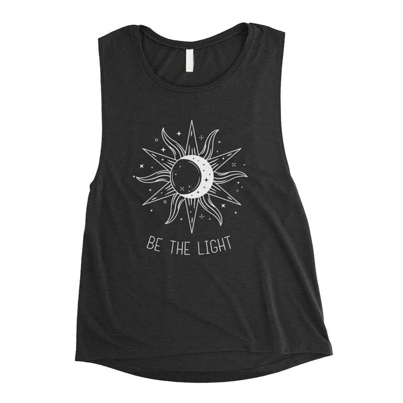 Be The Light Print майка женская забавная графическая Солнце Луна звезды Повседневная с круглым вырезом без рукавов Топ Женская летняя футболка
