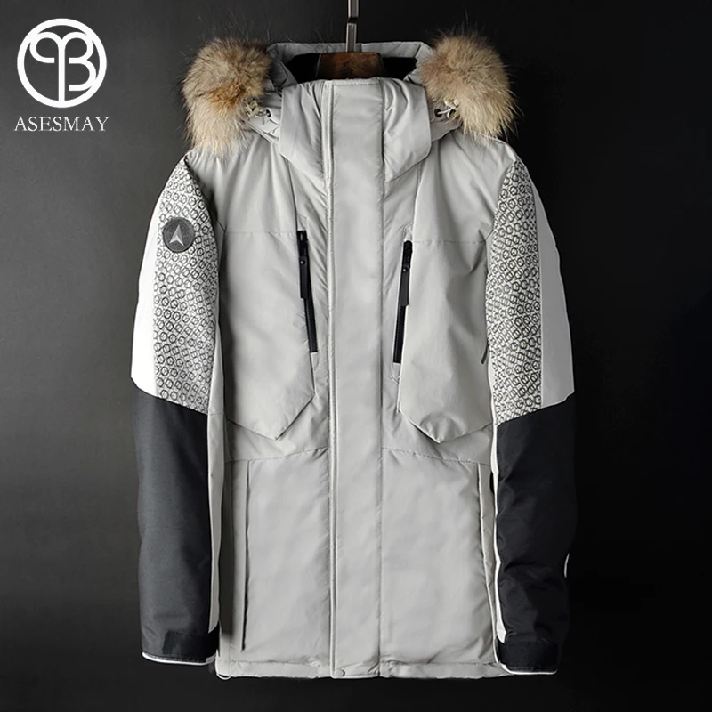 

Asesmay 2018 men down jacket mens winter coat parka thick warm goose feather white gray duck down jackets hoodies fur collar