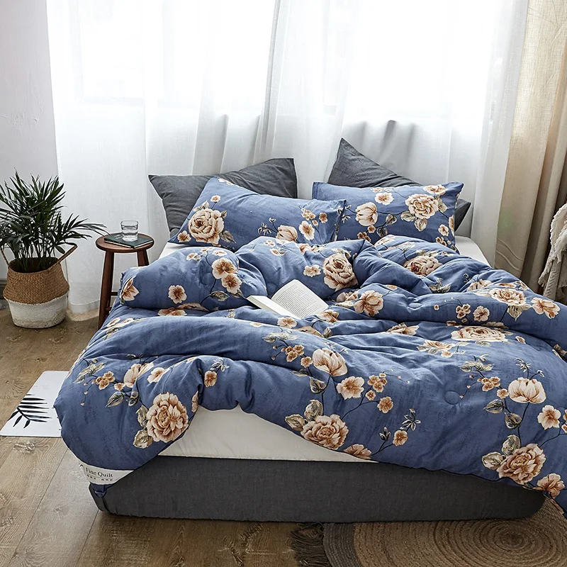 

2018 Flowers Dark Blue Quilting Comforter Twin Queen King Thick Winter Quilt Sanding Cotton Fabric Polyester Filler