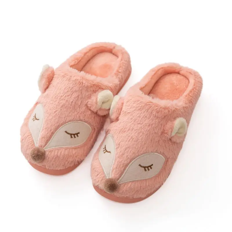 Winter Cute Animal Gray Furry Fox Slippers Women Cartoon Indoor Shoes