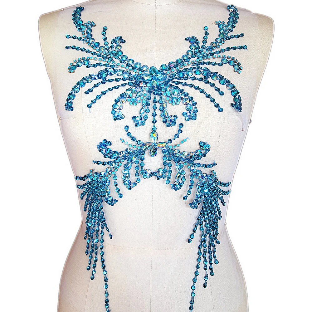 

HAND Beaded 28x52cm Delicate Light Blue Lady Girl Wedding Sewing Crystal Rhinestone Patch Applique Sew on For Dress Clothes Trim