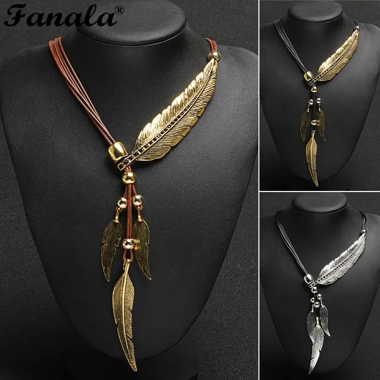

Pendant Necklace Pattern Bronze Chain Style Bohemian Feather Fashion Rope