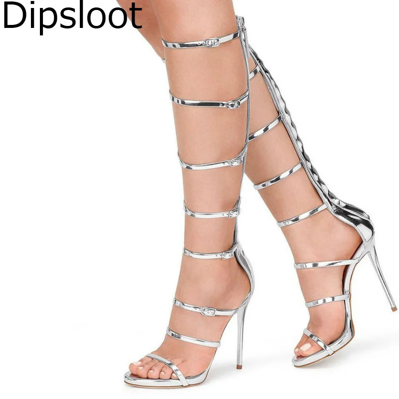 

Summer Sexy Ladies Mirror Leather Strappy small Metal Buckle Sandals Boots Stiletto High Heels Women Hollow Out Knee High Botas