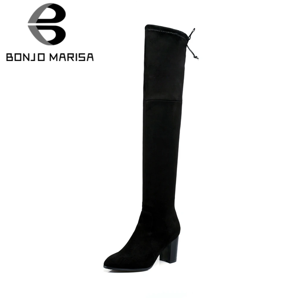 

BONJOMARISA 2018 Autumn Winter Big Size 33-43 Sexy Over Knee Thigh High Boots Women slip-on Stretch Boots High Heels Shoes Woman