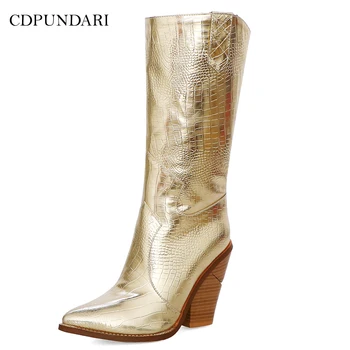 

Western Cowboy Boots For Women High Heels Calf Boots Ladies Autumn Winter Long Boots Shoes Bottine Femme Botas Mujer