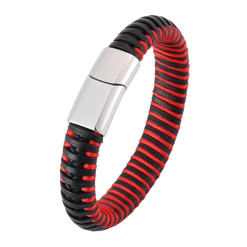 

2019 Trendy Men Black Red Mixed Braided Leather Rope Bracelet Silver Magnetic Buckle Bracelets Punk Men Wrist Band gift BB0401