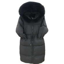 Женские парки с меховым воротником из енота теплая куртка с капюшоном на белом утином пуху Зимняя Повседневная Женская длинная куртка большого размера высокого качества