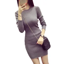2017 на осень-зиму мода женщины трикотажное платье Элегантный Bodycon Платья повседневные с длинными рукавами сексуальные мини-платье-свитер Vestidos