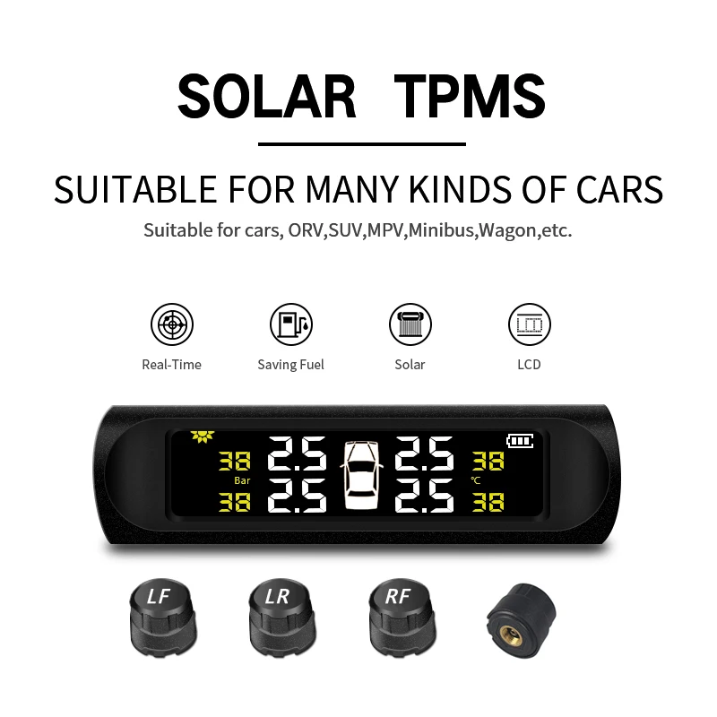 

Solar Charging TPMS Car Tire Pressure Alarm Monitor System External Sensor 4 Wheel TPMS Temperature Alert D02W D02N D01W Visture