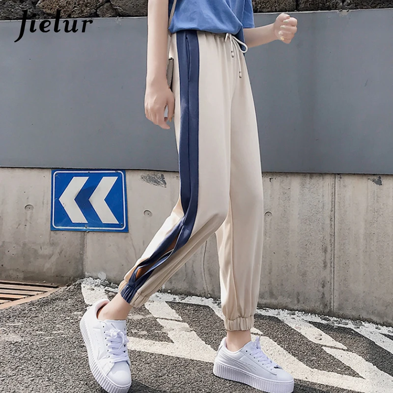 

Jielur Summer Split Pants Women Hipster Elastic Hit Color Chic College Lady Trousers Drawstring Kpop Harajuku Pantalon Femme