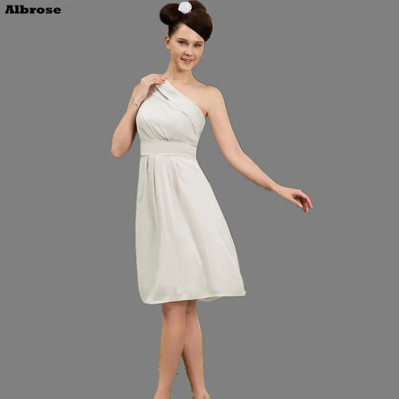One Shoulder Cheap Simple Bridesmaid Dresses Knee Length Pleat Chiffon