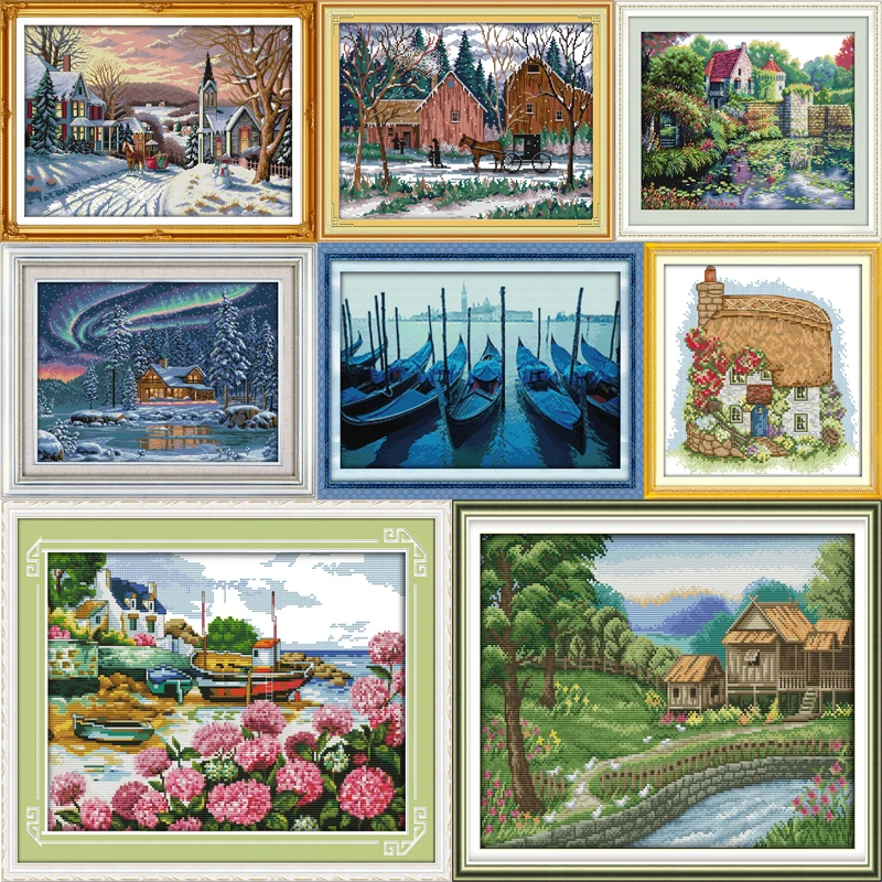 Joy Sunday Cross Stitch Kits 14CT Counted Harbor of Love 24.8x19.7 or 63cmx50cm Easy Patterns Embroidery for Girls Crafts DMC Cross-Stitch Supplies Needlework Scenery Series 