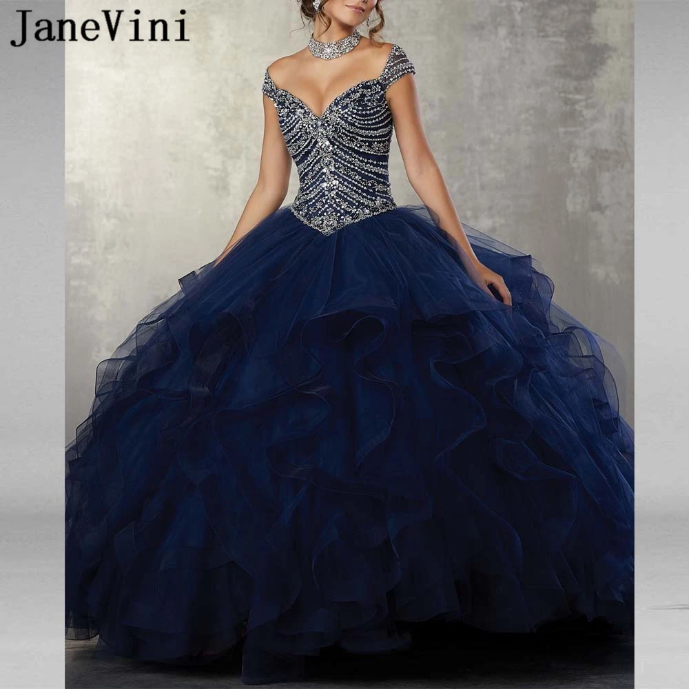 

JaneVini 2019 Elegant Navy Blue Quinceanera Dresses Ball Gowns V Neck Heavy Beads Ruffles Puffy Tulle Princess Gowns Vestidos 15