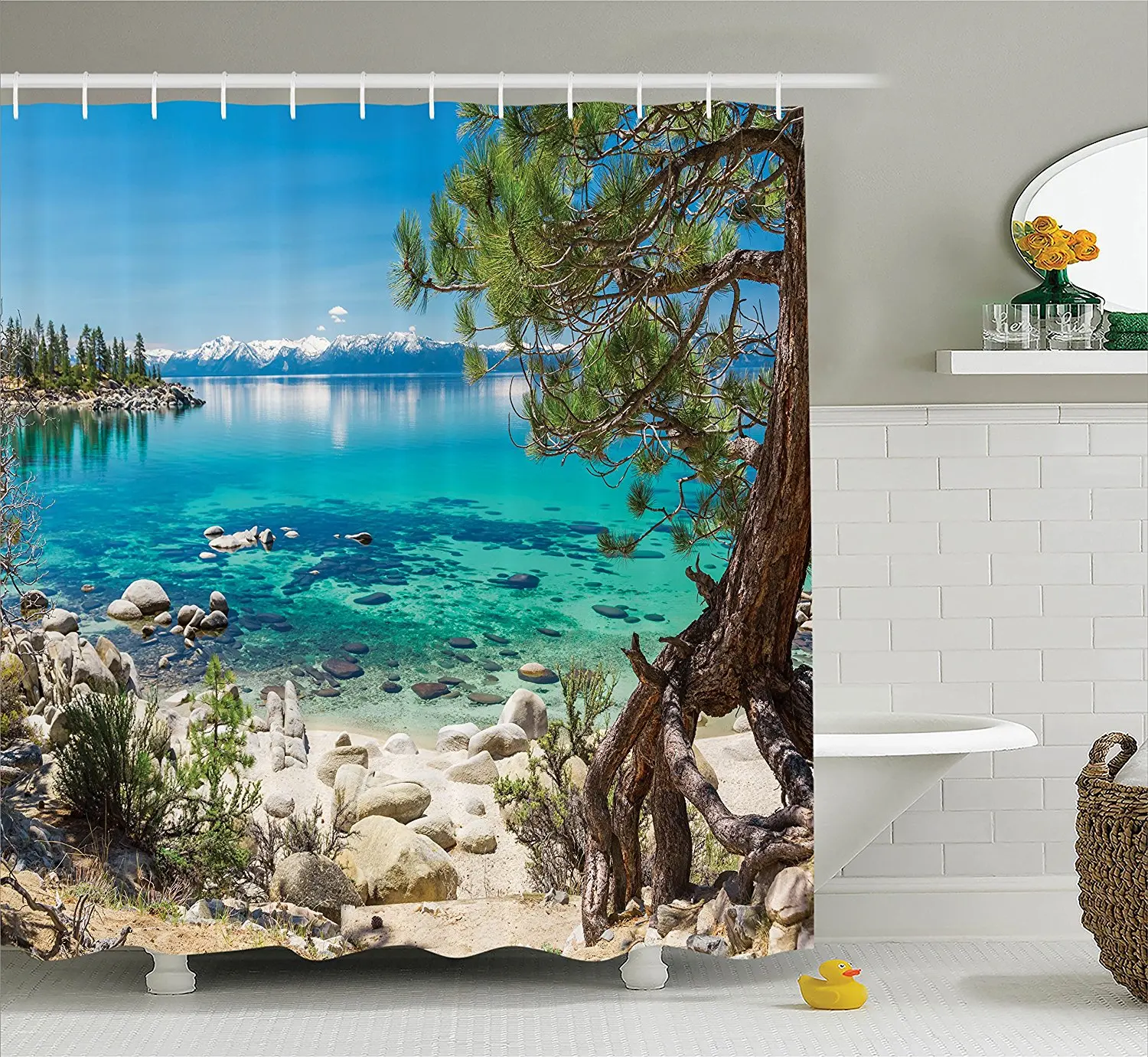 Room Decorations Shower Curtain Lake Tahoe Snowy Mountain Reflection On