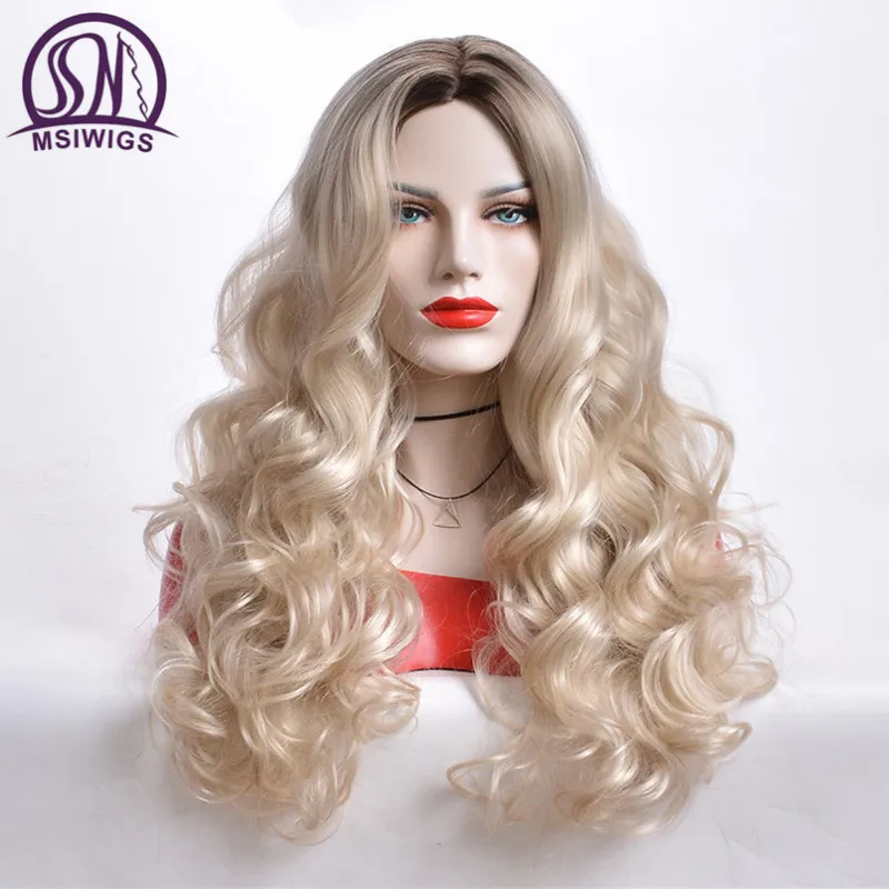 

MSIWIGS Blonde Wavy Wigs for White Women Natural Long Synthetic Wig Ombre Root Heat Resistant Hair European America