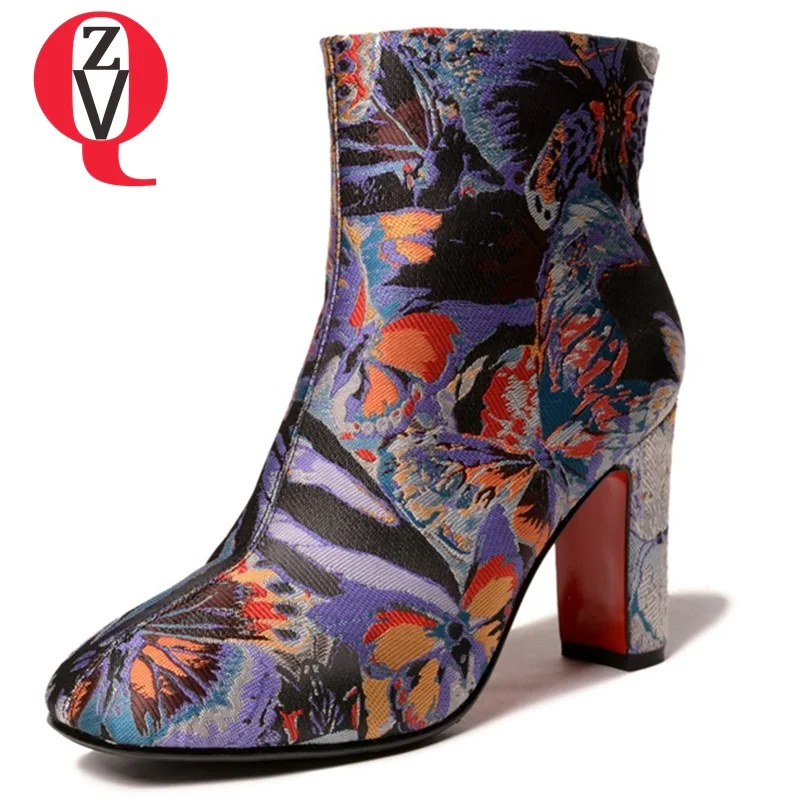 

ZVQ 2018 newest high quality embroidered cloth square toe super high square heel zipper winter plush warm fashion ankle boots